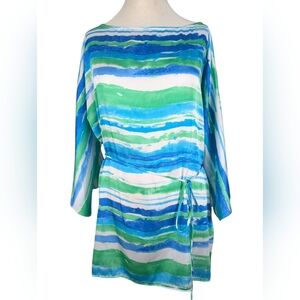 Ralph Lauren Blue Green Watercolor Striped Scoop Neck With 3/4 Bell Sleeves